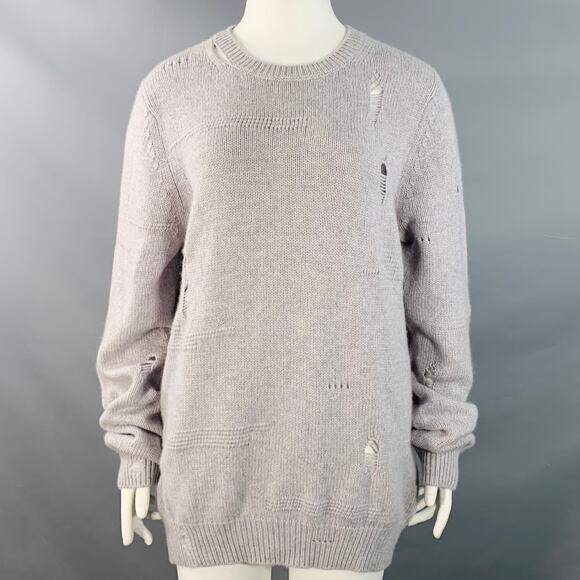 Size L Light Grey Wool Yak Cashmere Knit Distressed Crew Neck Sweater - Picture 1 of 7